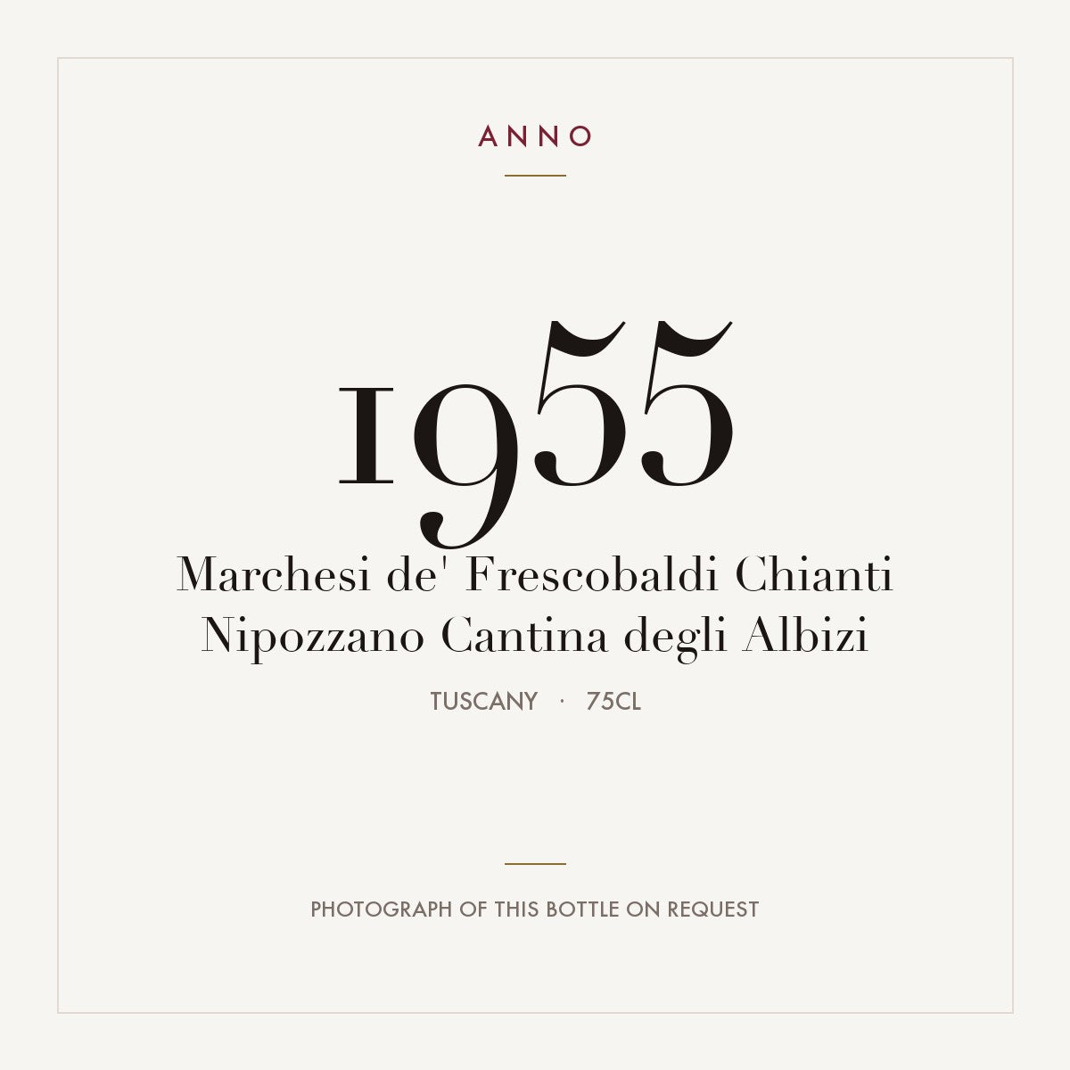 Marchesi de' Frescobaldi Chianti Nipozzano Cantina degli Albizi 1955 0,75l from Tuscany — ANNO vintage card; photograph of the actual bottle available on request