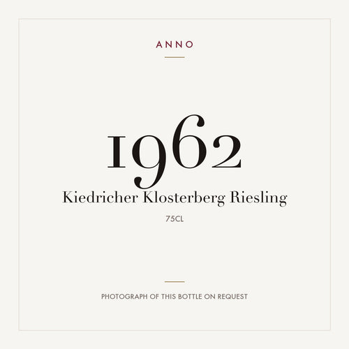 Kiedricher Klosterberg Riesling 1962 0,75l — ANNO-Jahrgangskarte; Foto der tatsächlichen Flasche auf Anfrage