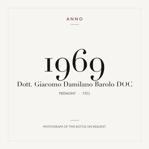 Dott. Giacomo Damilano Barolo 1969 DOC 0,75l, Piémont — carte millésime ANNO ; photo de la bouteille réelle disponible sur demande