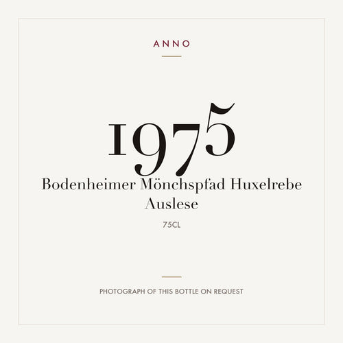 Bodenheimer Monchspfad Huxelrebe Auslese 1975 0,75l — ANNO vintage card; photograph of the actual bottle available on request