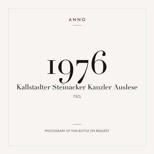 Kallstadter Steinacker Kanzler Auslese 1976 0,75l — cartão de colheita ANNO; fotografia da garrafa real disponível a pedido