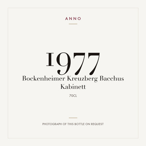 Bockenheimer Kreuzberg Bacchus Kabinett 1977 0,7l — ANNO-Jahrgangskarte; Foto der tatsächlichen Flasche auf Anfrage