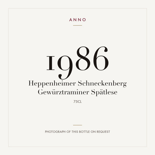 Heppenheimer Schneckenberg Gewurztraminer Spatlese 1986 0,75l — cartão de colheita ANNO; fotografia da garrafa real disponível a pedido