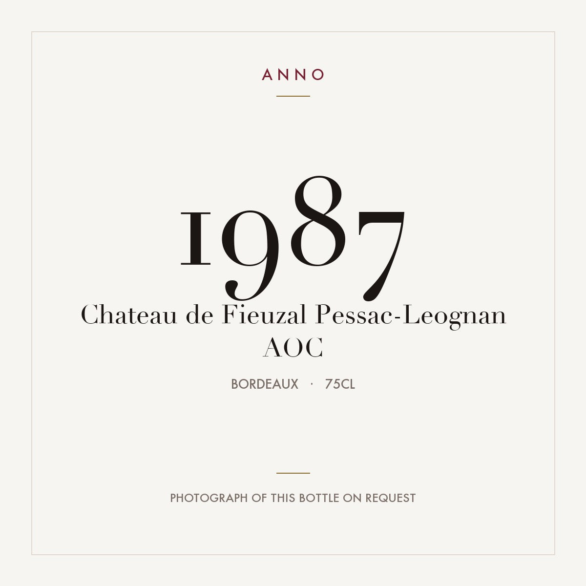 Chateau de Fieuzal Pessac-Leognan 1987 AOC 0,75l from Bordeaux — ANNO vintage card; photograph of the actual bottle available on request