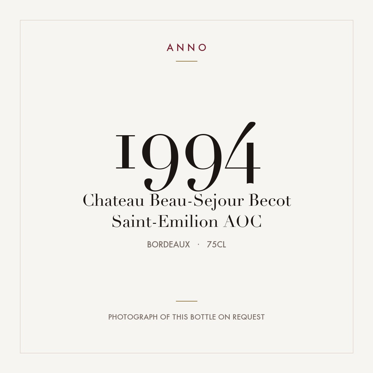 Chateau Beau-Sejour Becot Saint-Emilion 1994 AOC 0,75l from Bordeaux — ANNO vintage card; photograph of the actual bottle available on request