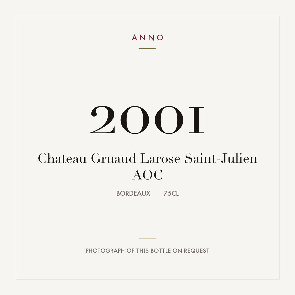 Chateau Gruaud Larose Saint-Julien 2001 AOC 0,75l from Bordeaux — ANNO vintage card; photograph of the actual bottle available on request
