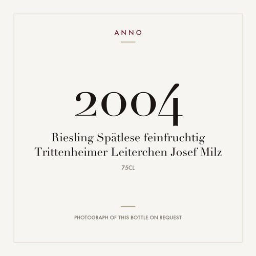 Josef Milz Trittenheimer Leiterchen Riesling Spatlese feinfruchtig 2004 0,75l — ANNO-Jahrgangskarte; Foto der tatsächlichen Flasche auf Anfrage