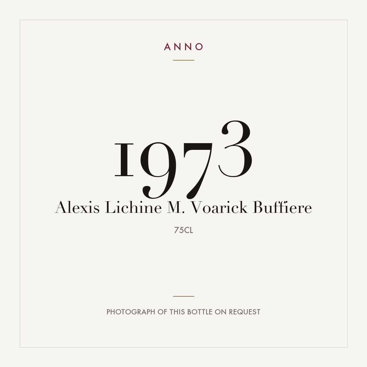 Alexis Lichine M. Voarick Buffiere 1973 0,75l — ANNO vintage card; photograph of the actual bottle available on request
