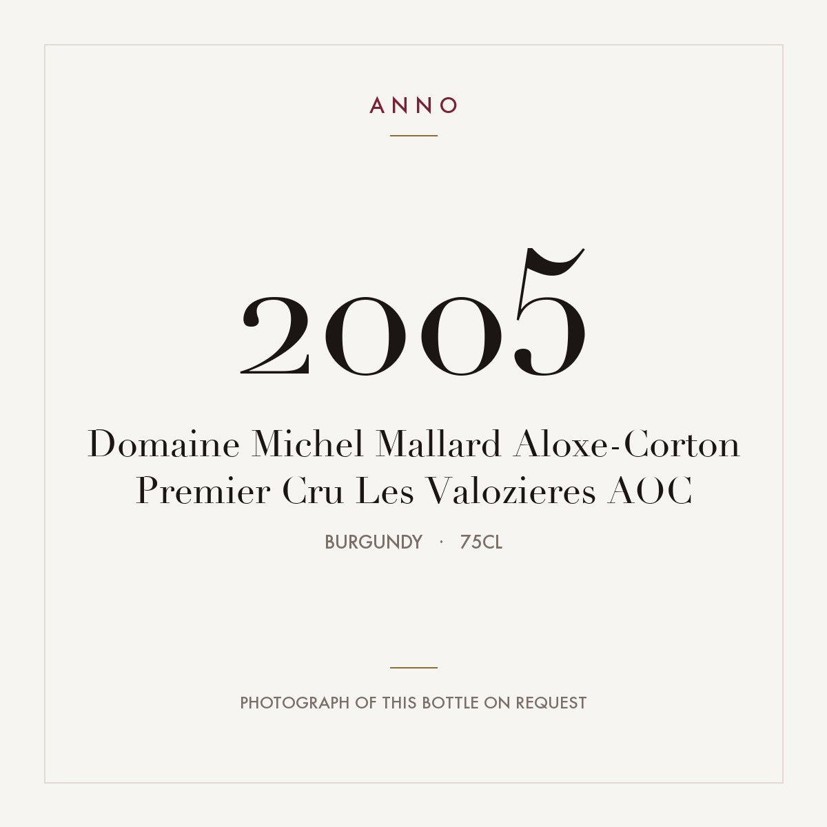 Domaine Michel Mallard Aloxe-Corton Premier Cru Les Valozieres 2005 AOC 0,75l from Burgundy — ANNO vintage card; photograph of the actual bottle available on request