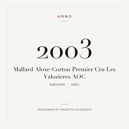 Mallard Aloxe-Corton Premier Cru Les Valozieres 2003 AOC 3l from Burgundy — ANNO vintage card; photograph of the actual bottle available on request