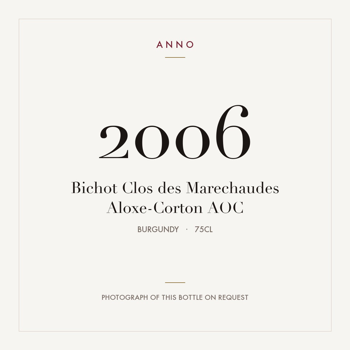Bichot Clos des Marechaudes Aloxe-Corton 2006 AOC 0,75l from Burgundy — ANNO vintage card; photograph of the actual bottle available on request