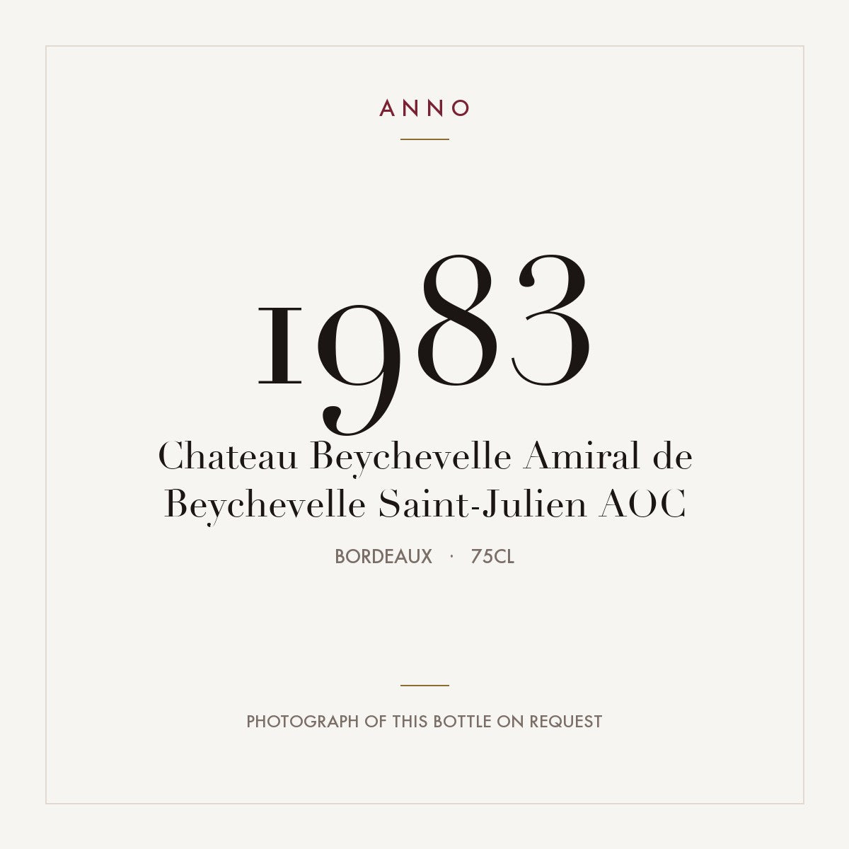 Chateau Beychevelle Amiral de Beychevelle Saint-Julien 1983 AOC 0,75l from Bordeaux — ANNO vintage card; photograph of the actual bottle available on request