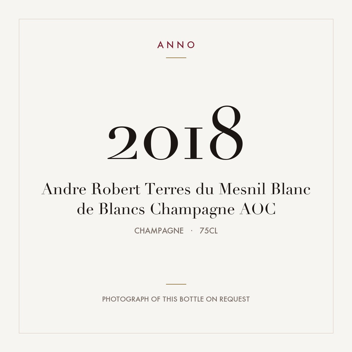 Andre Robert Terres du Mesnil Blanc de Blancs Champagne 2018 AOC 0,75l from Champagne — ANNO vintage card; photograph of the actual bottle available on request