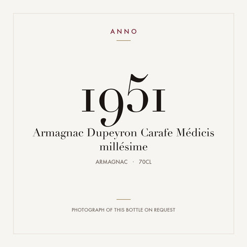 Dupeyron Carafe Medicis Armagnac 1951 0,7l — карточка урожая ANNO; фото настоящей бутылки по запросу