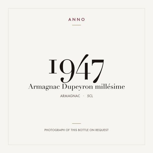 Dupeyron Armagnac 1947 0,05l — card dell'annata ANNO; foto della bottiglia reale disponibile su richiesta