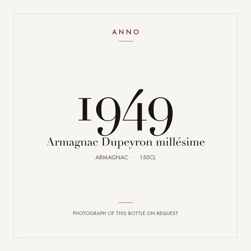 Dupeyron Armagnac 1949 1,5l — card dell'annata ANNO; foto della bottiglia reale disponibile su richiesta