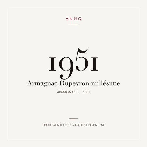 Dupeyron Armagnac 1951 0,5l — карточка урожая ANNO; фото настоящей бутылки по запросу