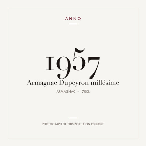Dupeyron Armagnac 1957 0,7l — ANNO vintage card; photograph of the actual bottle available on request