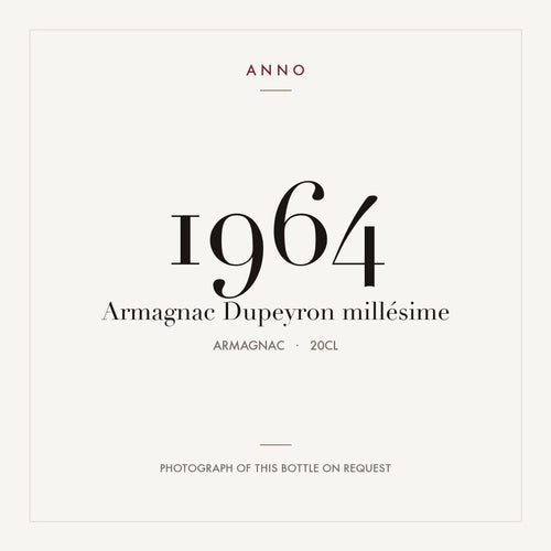 Dupeyron Armagnac 1964 0,2l — карточка урожая ANNO; фото настоящей бутылки по запросу