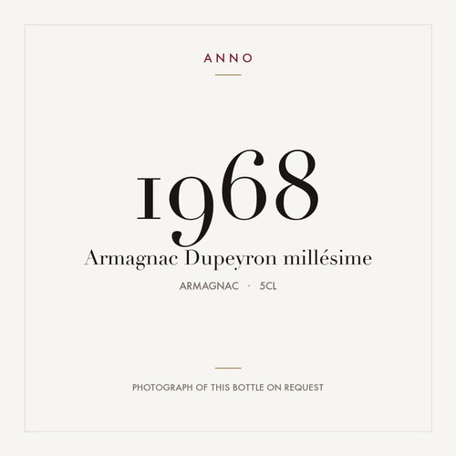 Dupeyron Armagnac 1968 0,05l — ANNO-årgangskort; foto af den faktiske flaske på forespørgsel