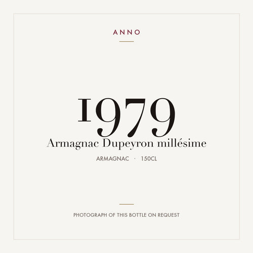 Dupeyron Armagnac 1979 1,5l — cartão de colheita ANNO; fotografia da garrafa real disponível a pedido