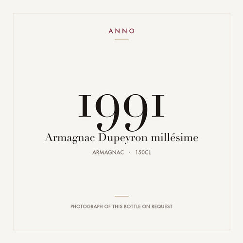 Dupeyron Armagnac 1991 1,5l — карточка урожая ANNO; фото настоящей бутылки по запросу