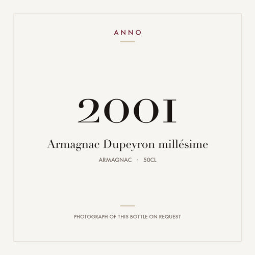 Dupeyron Armagnac 2001 0,5l — ANNO-jaargangkaart; foto van de echte fles op aanvraag