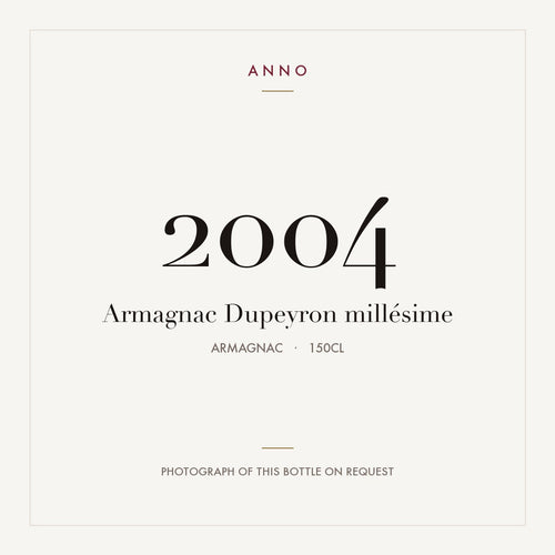 Dupeyron Armagnac 2004 1,5l — tarjeta de añada ANNO; foto de la botella real disponible bajo petición
