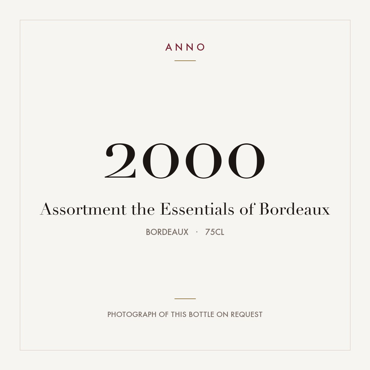 Assortment the Essentials of Bordeaux 2000 0,75l from Bordeaux — ANNO vintage card; photograph of the actual bottle available on request