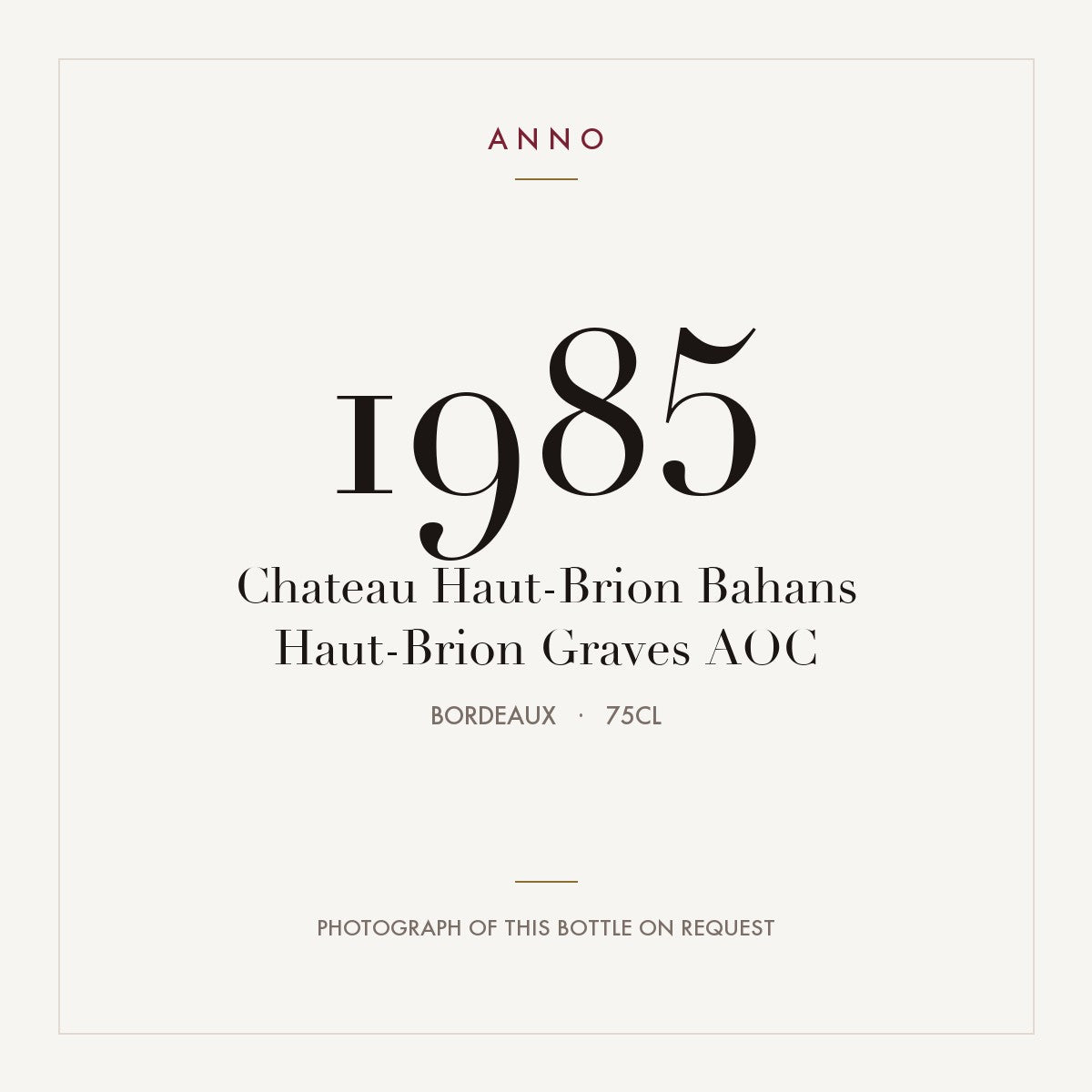 Chateau Haut-Brion Bahans Haut-Brion Graves 1985 AOC 0,75l from Bordeaux — ANNO vintage card; photograph of the actual bottle available on request