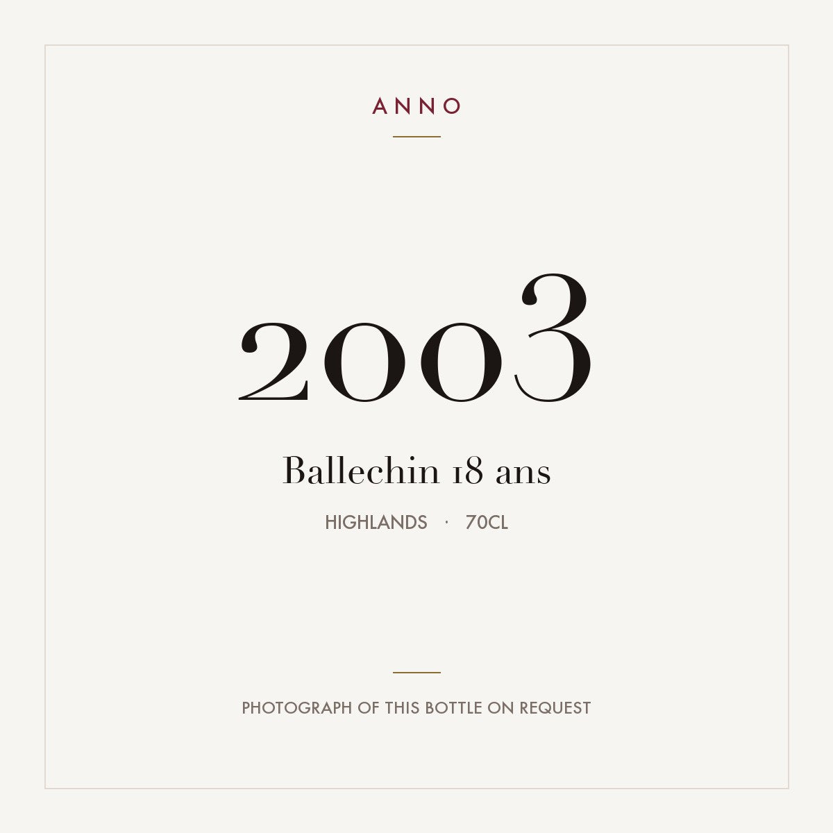 Ballechin 18 ans 2003 0,7l from Highlands — ANNO vintage card; photograph of the actual bottle available on request