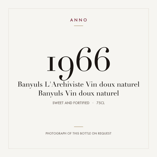 L'Archiviste Banyuls Vin Doux Naturel 1966 AOC 0,75l — карточка урожая ANNO; фото настоящей бутылки по запросу