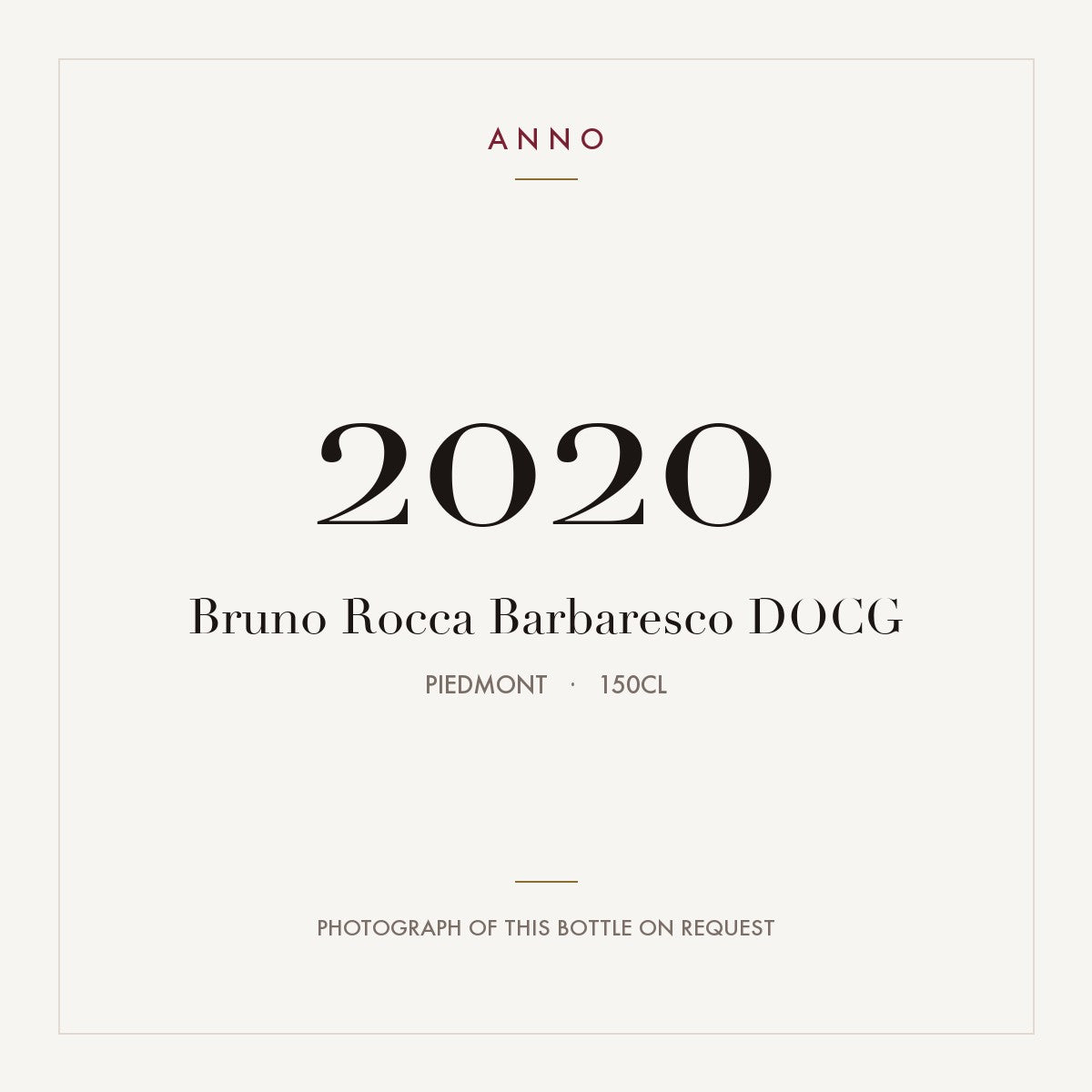 Bruno Rocca Barbaresco 2020 DOCG 1,5l from Piedmont — ANNO vintage card; photograph of the actual bottle available on request