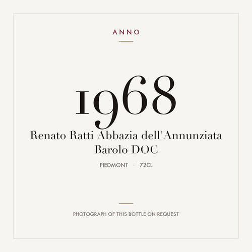 Renato Ratti Abbazia dell'Annunziata Barolo 1968 DOCG 0,72l from Piedmont — ANNO vintage card; photograph of the actual bottle available on request