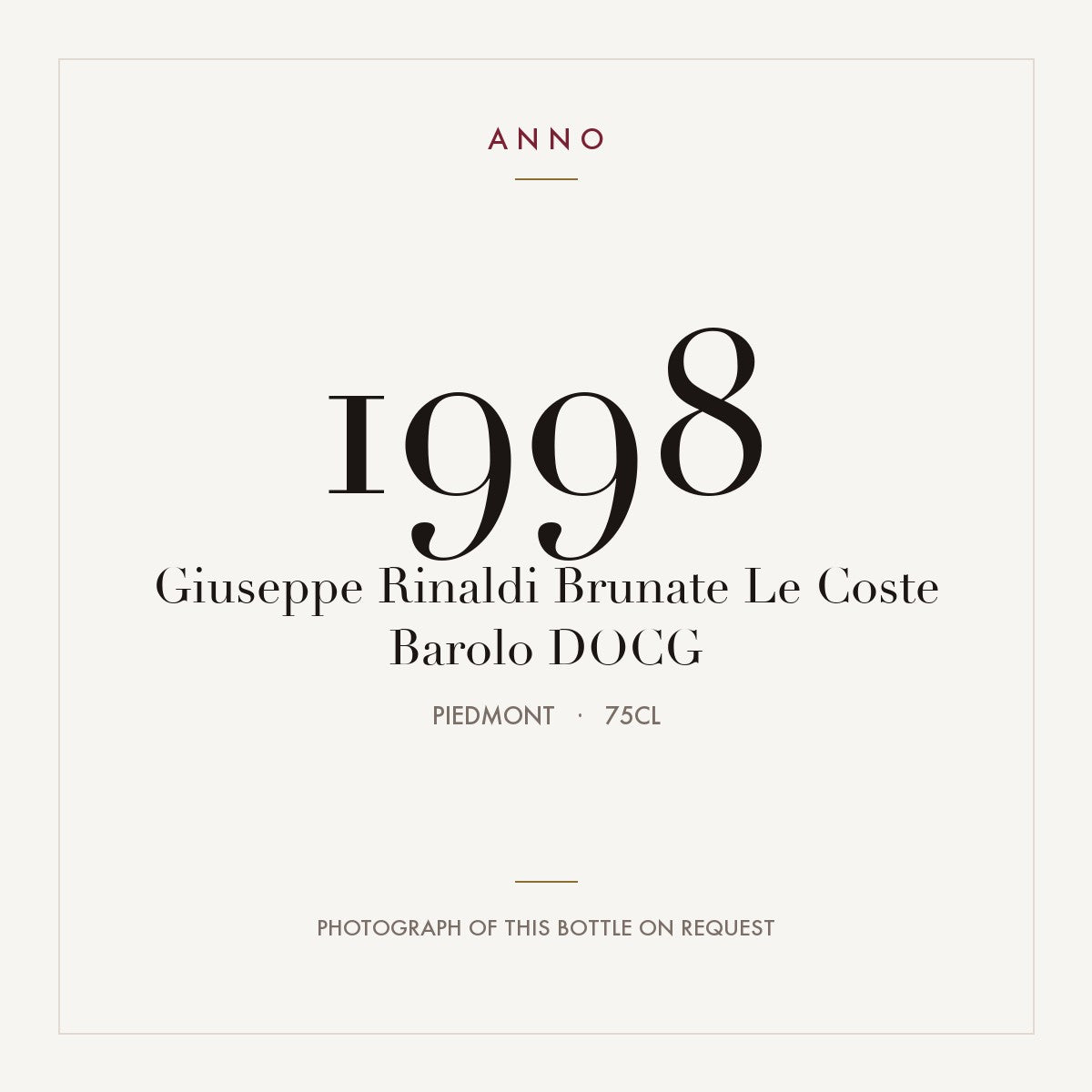 Giuseppe Rinaldi Brunate Le Coste Barolo 1998 DOCG 0,75l from Piedmont — ANNO vintage card; photograph of the actual bottle available on request