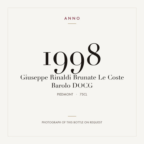 Giuseppe Rinaldi Brunate Le Coste Barolo 1998 DOCG 0,75l from Piedmont — ANNO vintage card; photograph of the actual bottle available on request