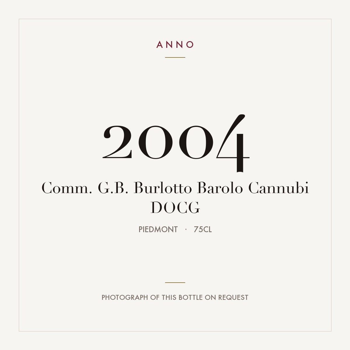 Comm. G.B. Burlotto Barolo Cannubi 2004 DOCG 0,75l from Piedmont — ANNO vintage card; photograph of the actual bottle available on request