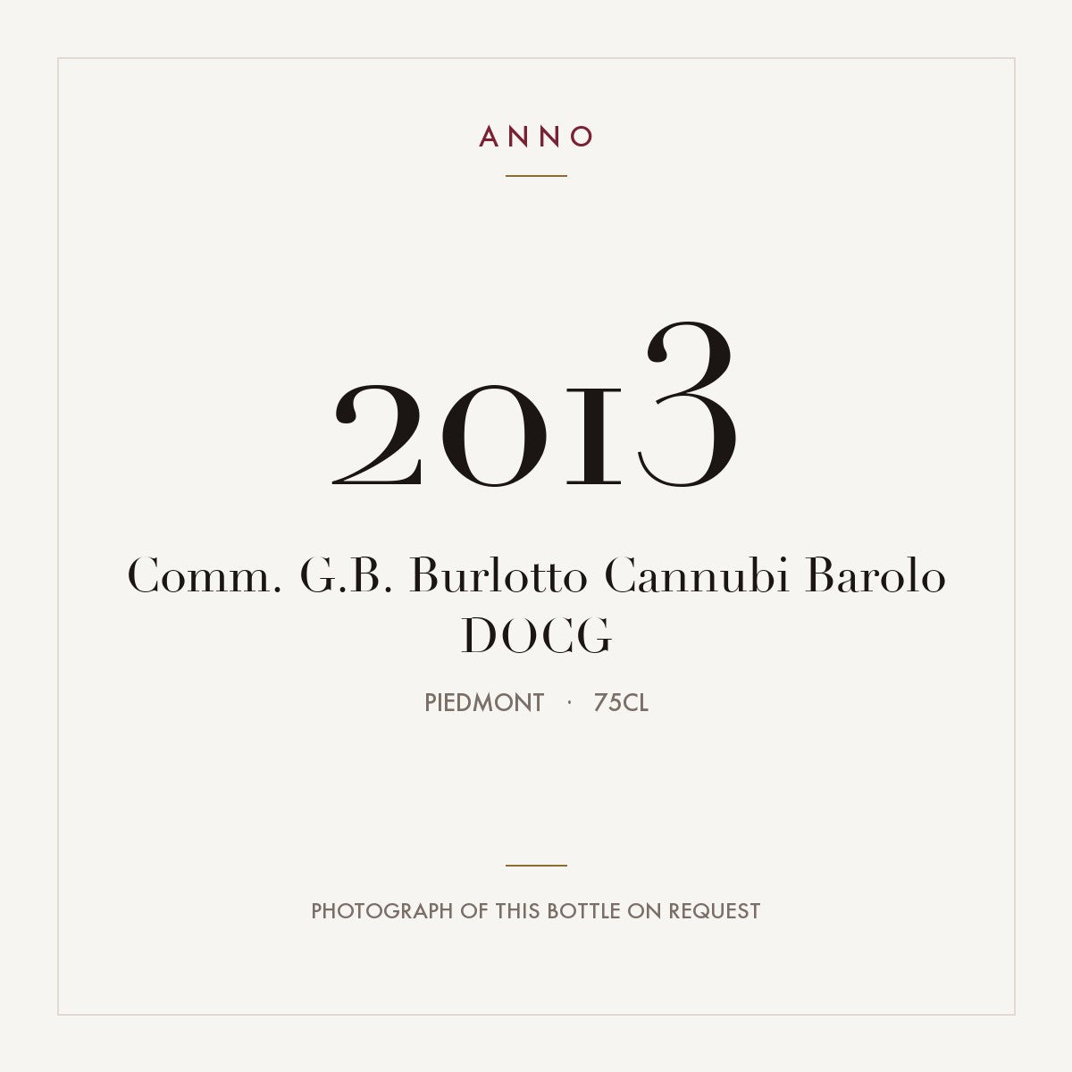 Comm. G.B. Burlotto Cannubi Barolo 2013 DOCG 0,75l from Piedmont — ANNO vintage card; photograph of the actual bottle available on request