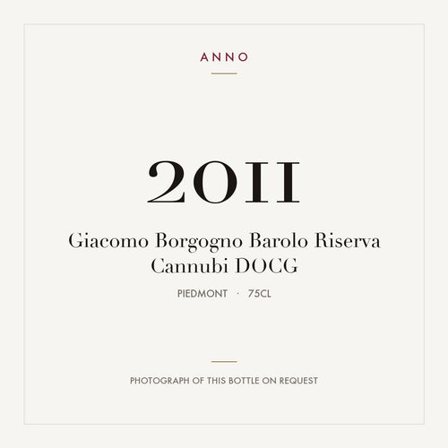 Giacomo Borgogno Barolo Riserva Cannubi 2011 DOCG 0,75l from Piedmont — ANNO vintage card; photograph of the actual bottle available on request