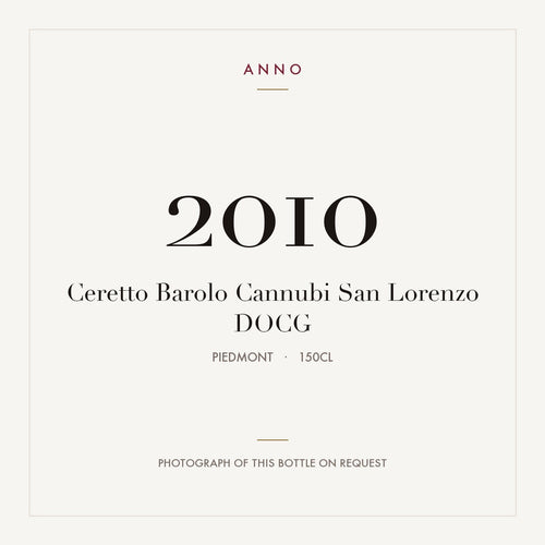 Ceretto Barolo Cannubi San Lorenzo 2010 DOCG 1,5l from Piedmont — ANNO vintage card; photograph of the actual bottle available on request