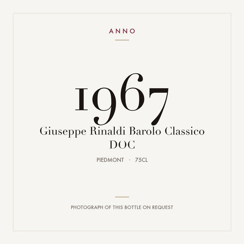 Giuseppe Rinaldi Barolo Classico 1967 DOC 0,75l, Piemont — ANNO-Jahrgangskarte; Foto der tatsächlichen Flasche auf Anfrage