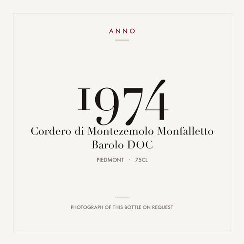 Cordero di Montezemolo Monfalletto Barolo 1974 DOC 0,75l, Piémont — carte millésime ANNO ; photo de la bouteille réelle disponible sur demande