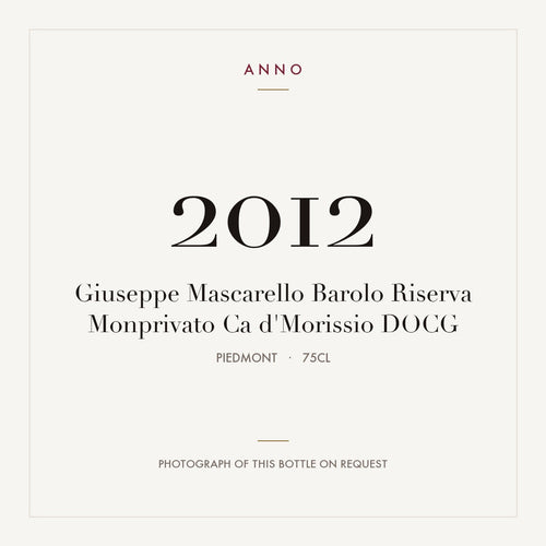 Giuseppe Mascarello Barolo Riserva Monprivato Ca d'Morissio 2012 DOCG 0,75l from Piedmont — ANNO vintage card; photograph of the actual bottle available on request