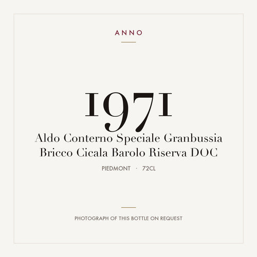 Aldo Conterno Speciale Granbussia Bricco Cicala Barolo Riserva 1971 DOC 0,72l, ピエモンテ — ANNOヴィンテージカード。実際のボトルの写真はご要望に応じてご用意します
