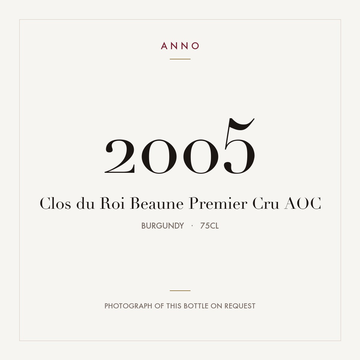 Clos du Roi Beaune Premier Cru 2005 AOC 0,75l from Burgundy — ANNO vintage card; photograph of the actual bottle available on request