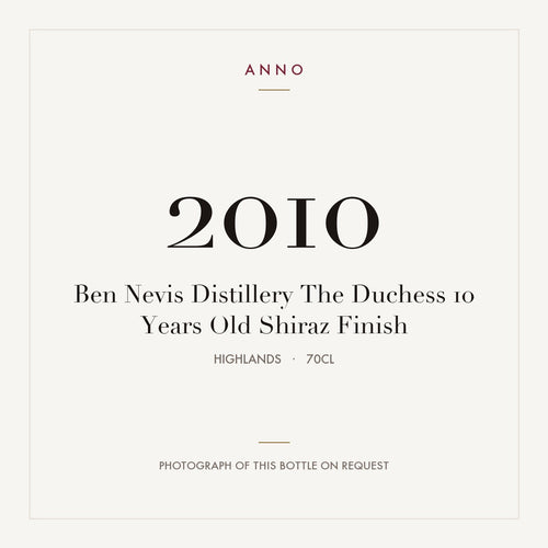 Ben Nevis Distillery The Duchess 10 Years Old Shiraz Finish 2010 0,7l from Highlands — ANNO vintage card; photograph of the actual bottle available on request