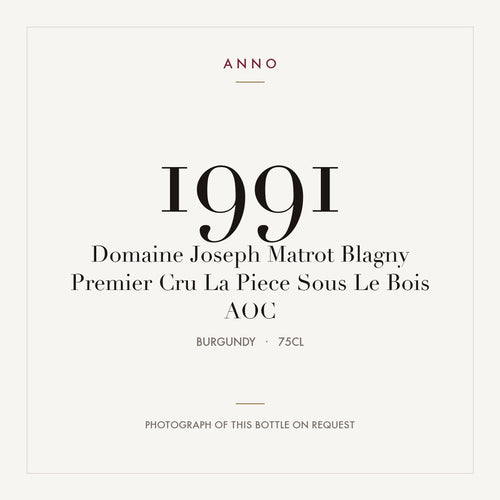 Domaine Joseph Matrot Blagny Premier Cru La Piece Sous Le Bois 1991 AOC 0,75l from Burgundy — ANNO vintage card; photograph of the actual bottle available on request