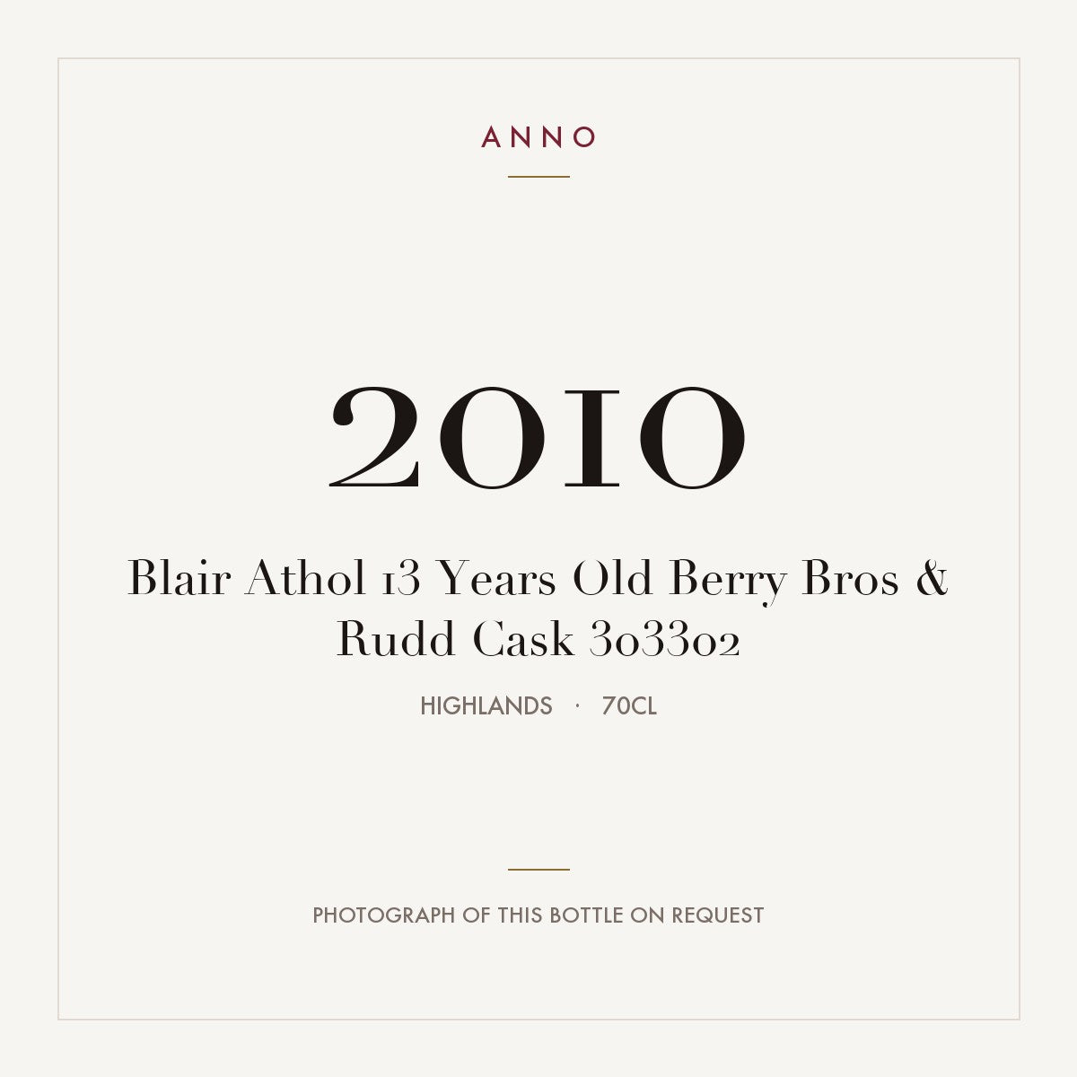 Blair Athol 13 Years Old Berry Bros & Rudd Cask 303302 2010 0,7l from Highlands — ANNO vintage card; photograph of the actual bottle available on request