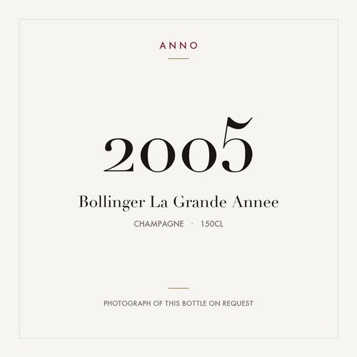 Bollinger La Grande Annee 2005 1,5l — cartão de colheita ANNO; fotografia da garrafa real disponível a pedido