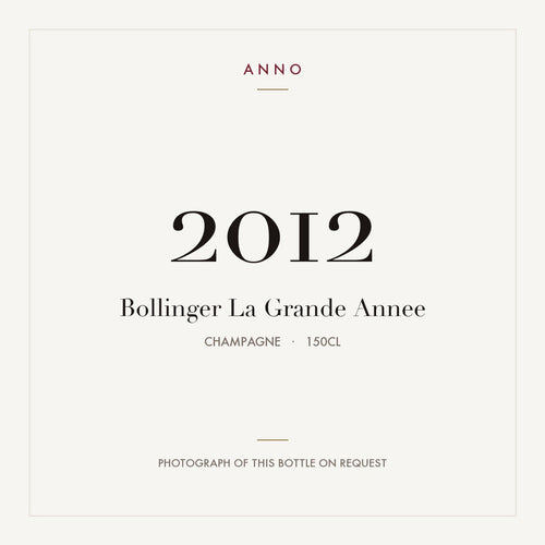 Bollinger La Grande Annee 2012 1,5l — cartão de colheita ANNO; fotografia da garrafa real disponível a pedido